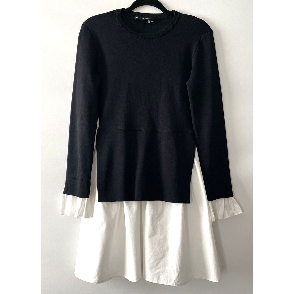 English Factory Fit & Flare Mixed Media Long Sleeve Dress Black White Size S-ep